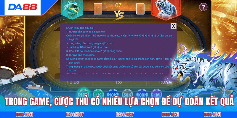Trong game, cược thủ có nhiều lựa chọn để dự đoán kết quả